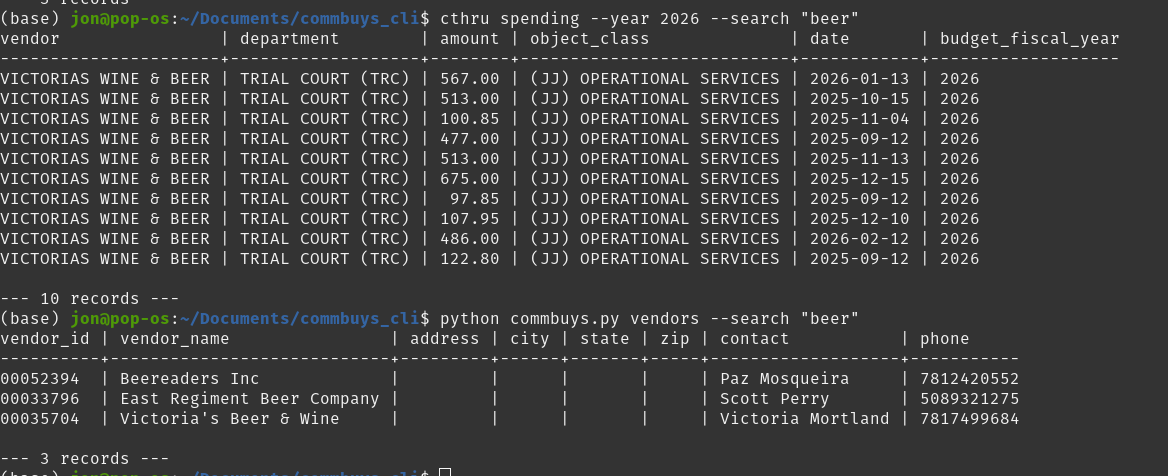 Terminal showing cthru spending and commbuys_cli vendor search results